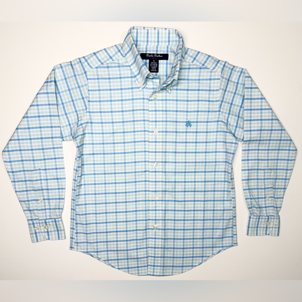 Brooks Brothers Boys Aqua Non-Iron Cotton Oxford Multi-Gingham Sport Shirt - S - Picture 3 of 6